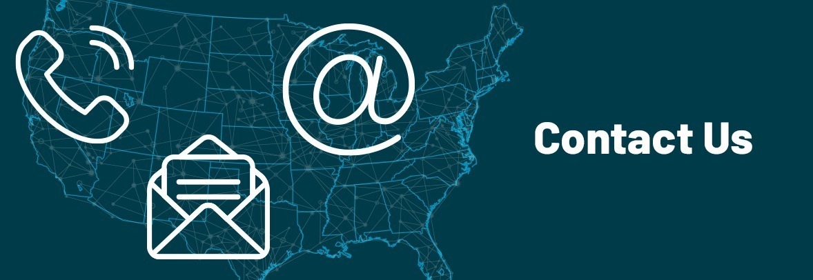 United States map with email, phone, and mail icons